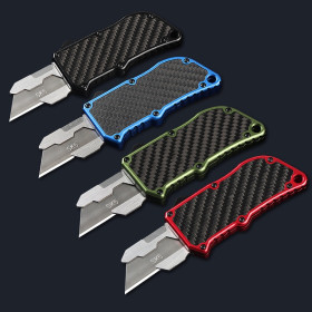Dual Action Utility Knife Contoured Black Retractable Cardboard Cutter Aluminum with Carbon Fiber EDC Box Cutter UD408781